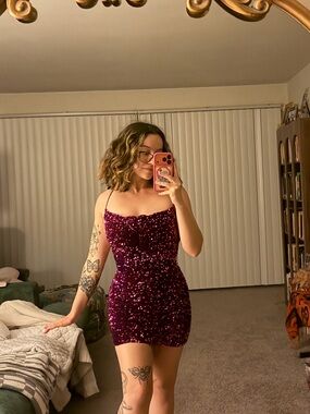 Sequined magenta Mini Dress with Spaghetti Straps